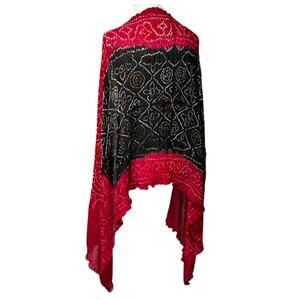 Vintage Y2K Sumac Design Silk Scarf Wrap – Crinkle Hand-Dyed Shawl, Red/Black